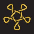 Golden glittering logo template in Celtic knots style on black background. Tribal symbol in pentagonal mandala form.